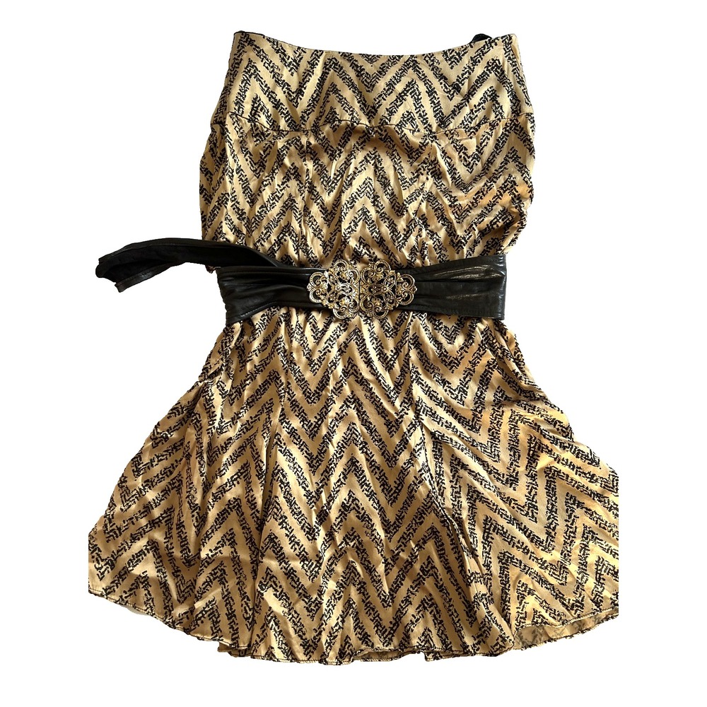 Vintage Jayna New York Dress Womens Small Tan Black Zig Zag Belted ILGWU USA 70s